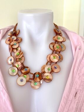 pink tan pearly disc beads 3 strand necklace with iridescent sequins boho chic